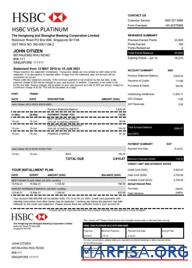 Realistic Hong Kong HSBC bank Visa Platinum credit card statement excel example